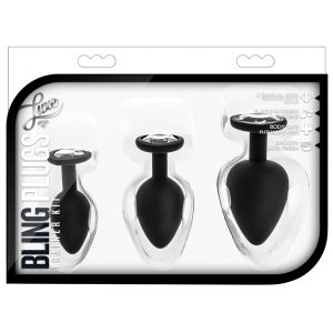 Luxe Bling Anal Plugs Training Kit - Small, Medium, & Large - Black With White Gems